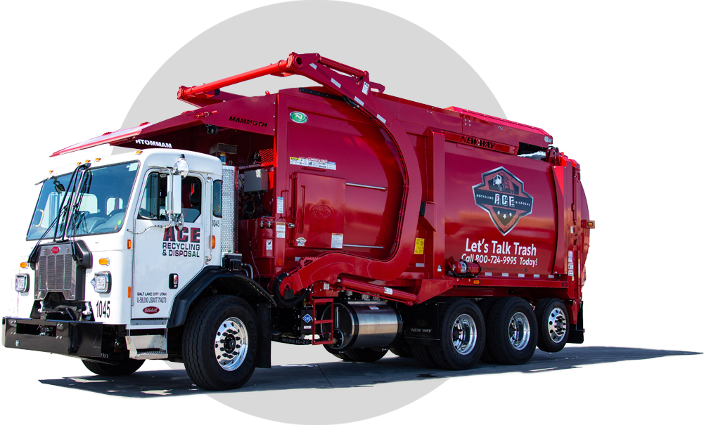 ACE red front-load commercial garbage truck